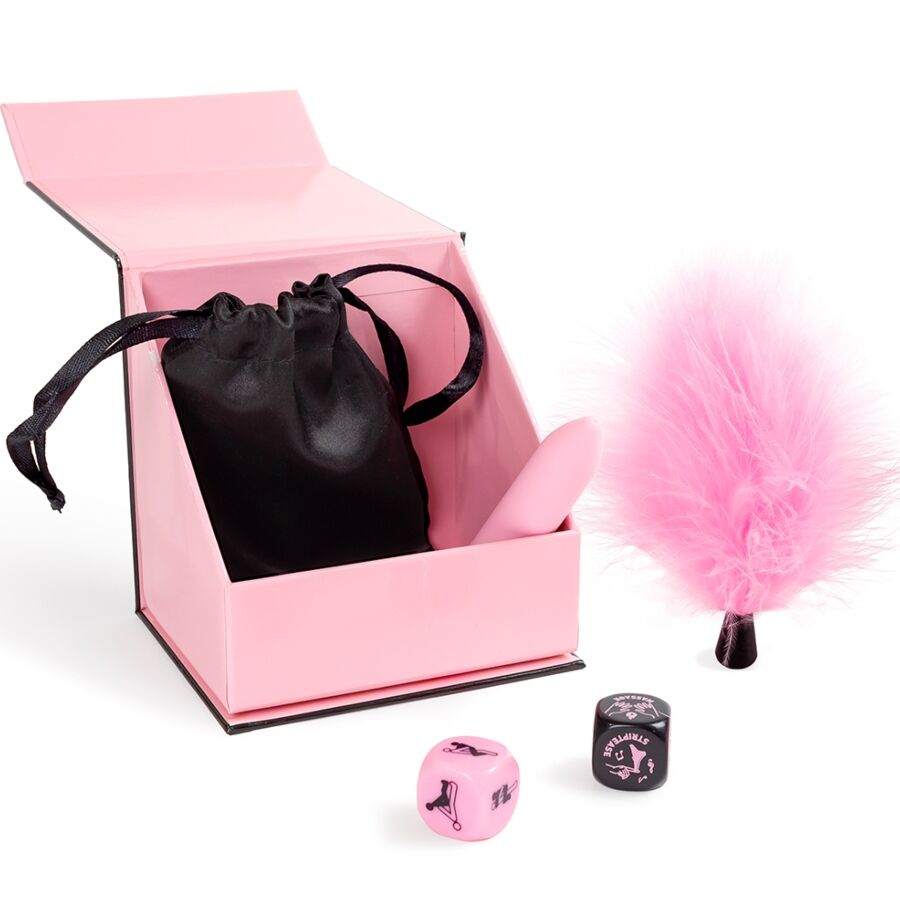 SECRET PLAY - PLEASURES BOX PER COPPIE: DADI + PROIETTILE VIBRANTE + PENNA CON PIUMA